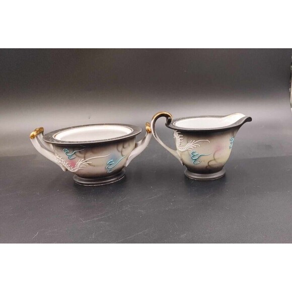 Vintage Dragonware Moriage Creamer And Lidded Sugar Japan Asian Handpainted - Picture 8 of 12